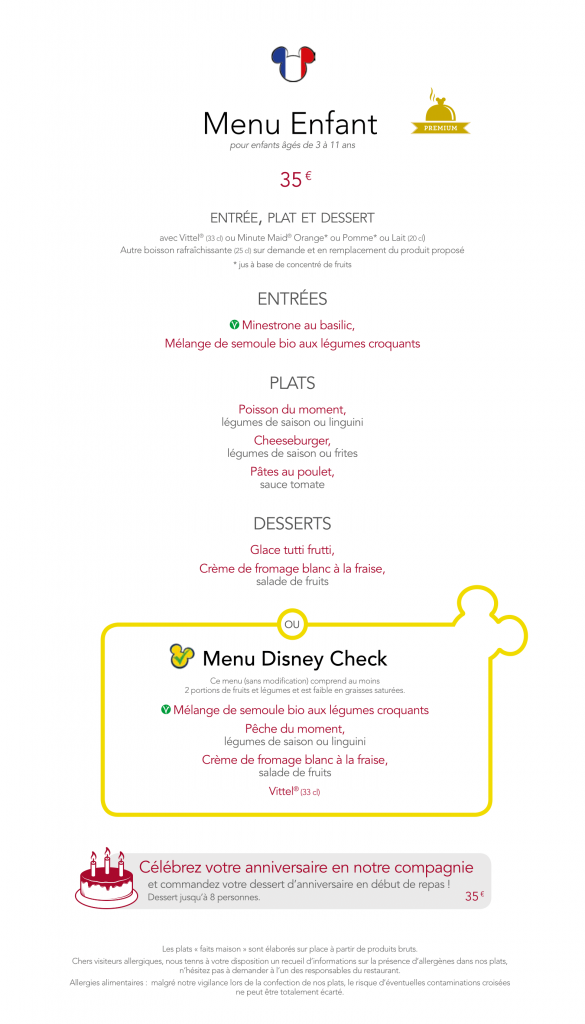 Menu du Café Mickey au Disney Village