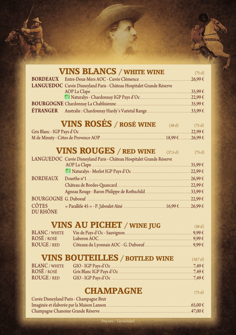 Menu de La Légende de Buffalo Bill… avec Mickey et ses amis au Disney