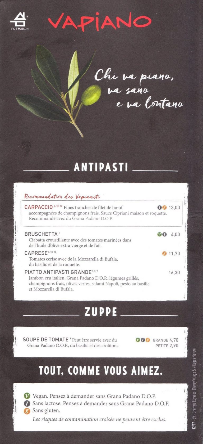 Menu du Vapiano au Disney Village