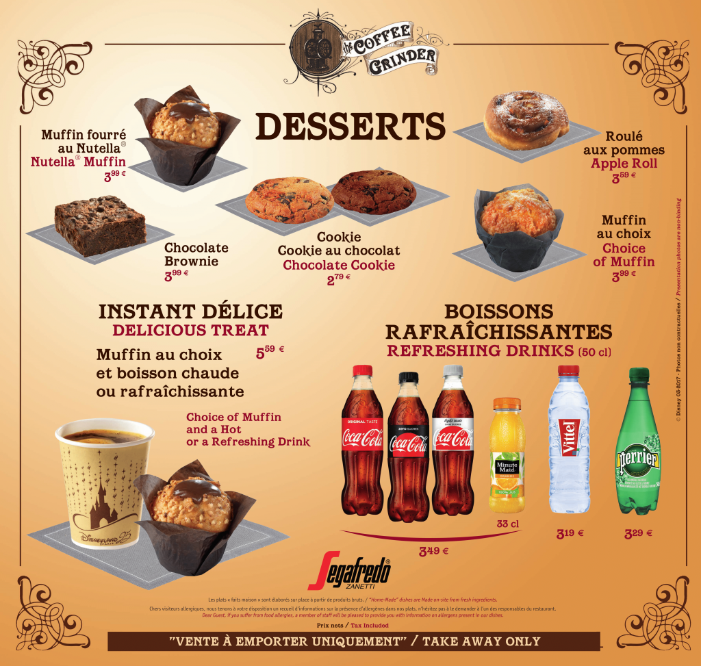 Menu du The Coffee Grinder au Parc Disneyland Restaurants / Menus