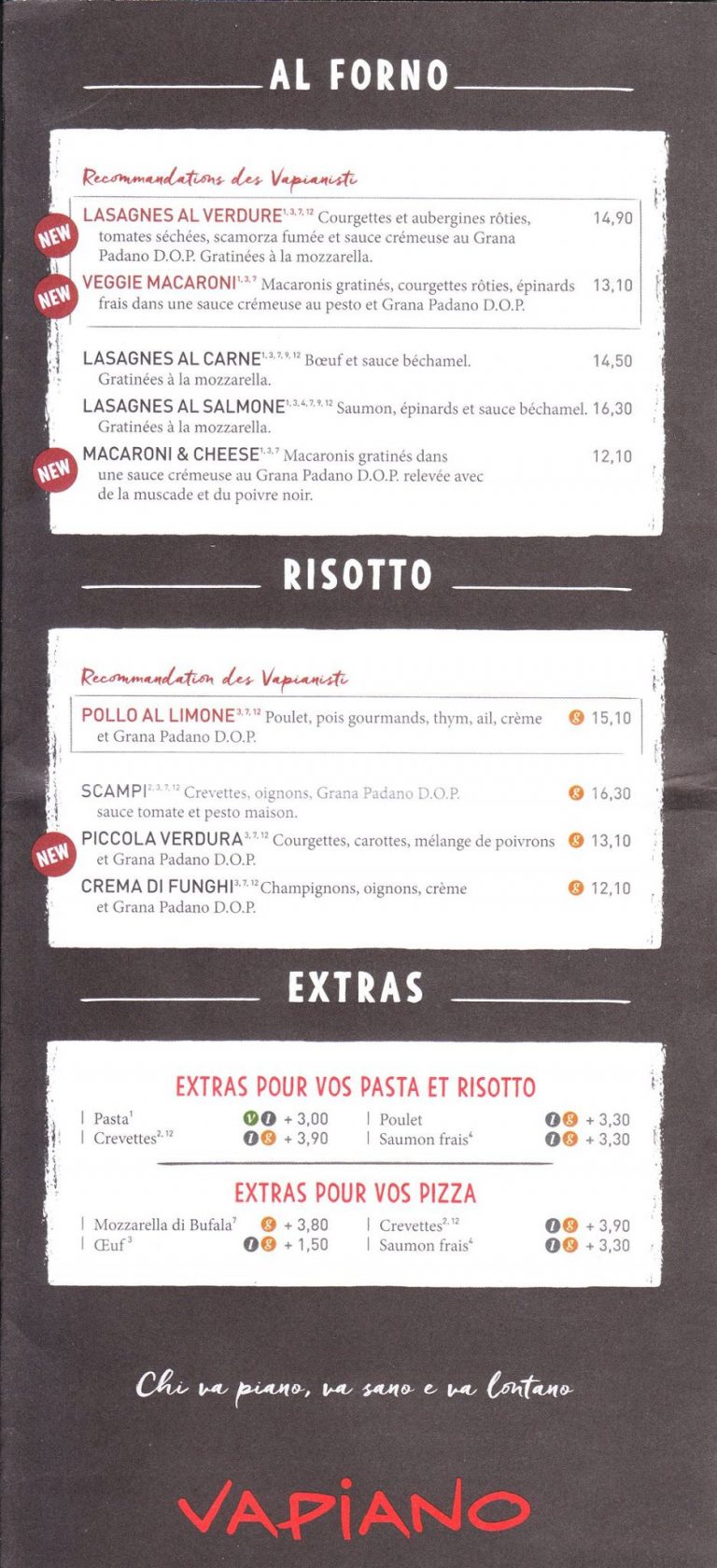 Menu du Vapiano au Disney Village Restaurants / Menus Wish2Dream