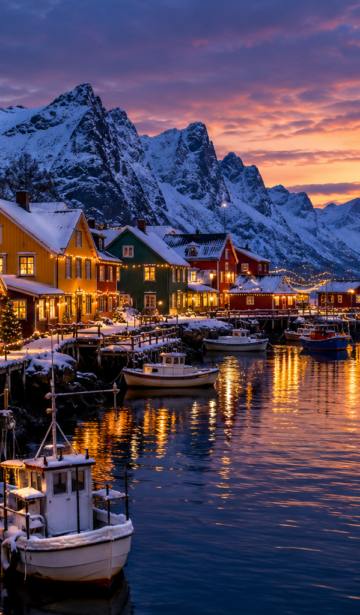 Village nordique enneigé au bord d'un fjord, décoré pour Noël au crépuscule