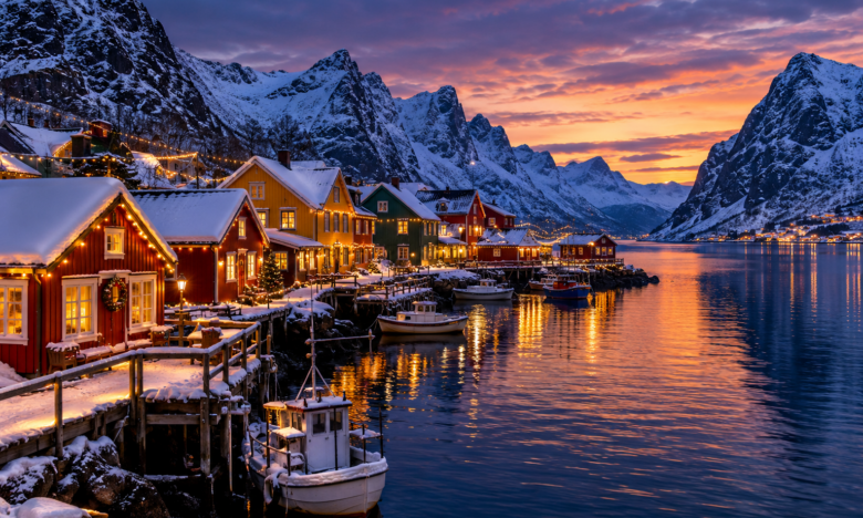 Village nordique enneigé au bord d'un fjord, décoré pour Noël au crépuscule
