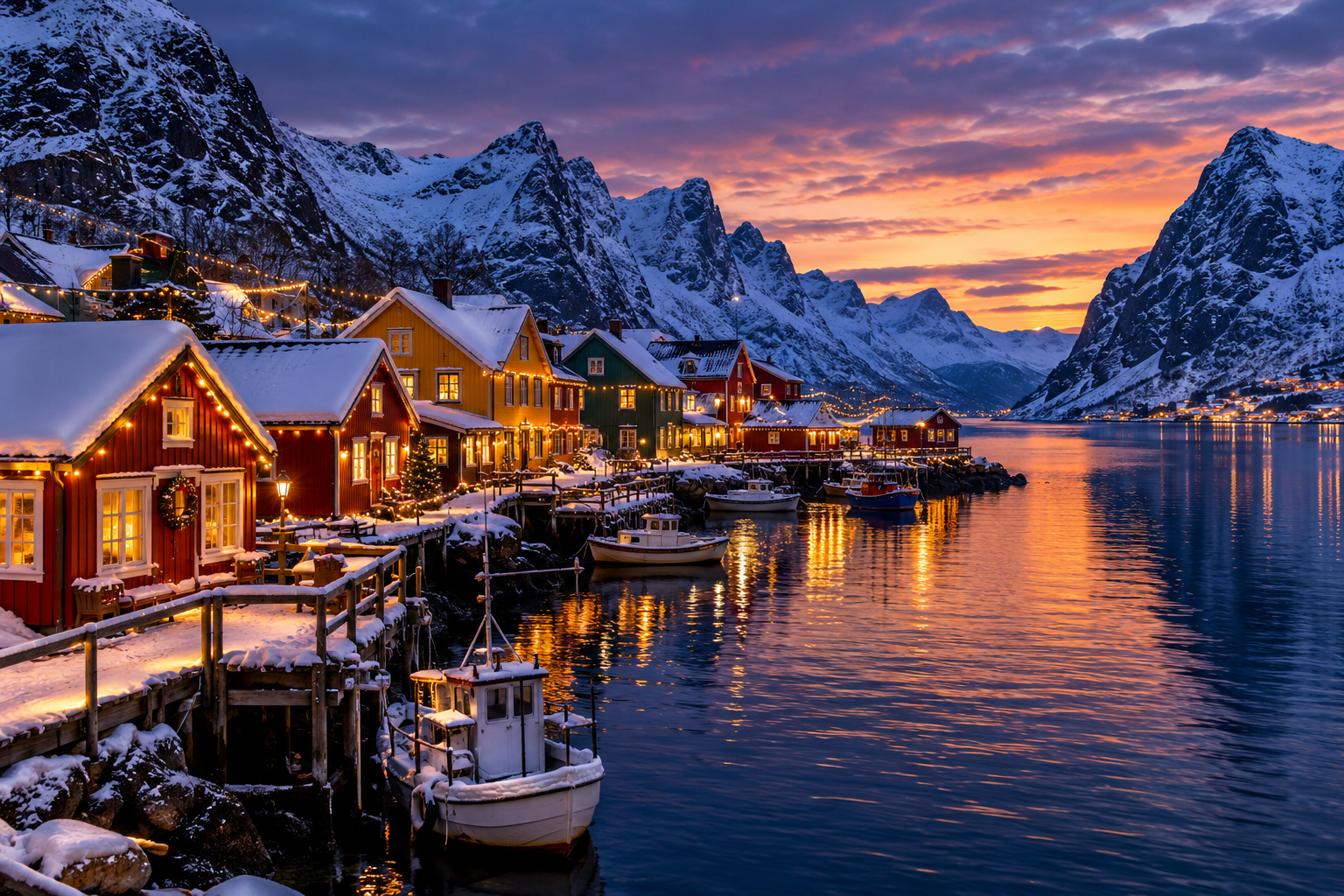 Village nordique enneigé au bord d'un fjord, décoré pour Noël au crépuscule